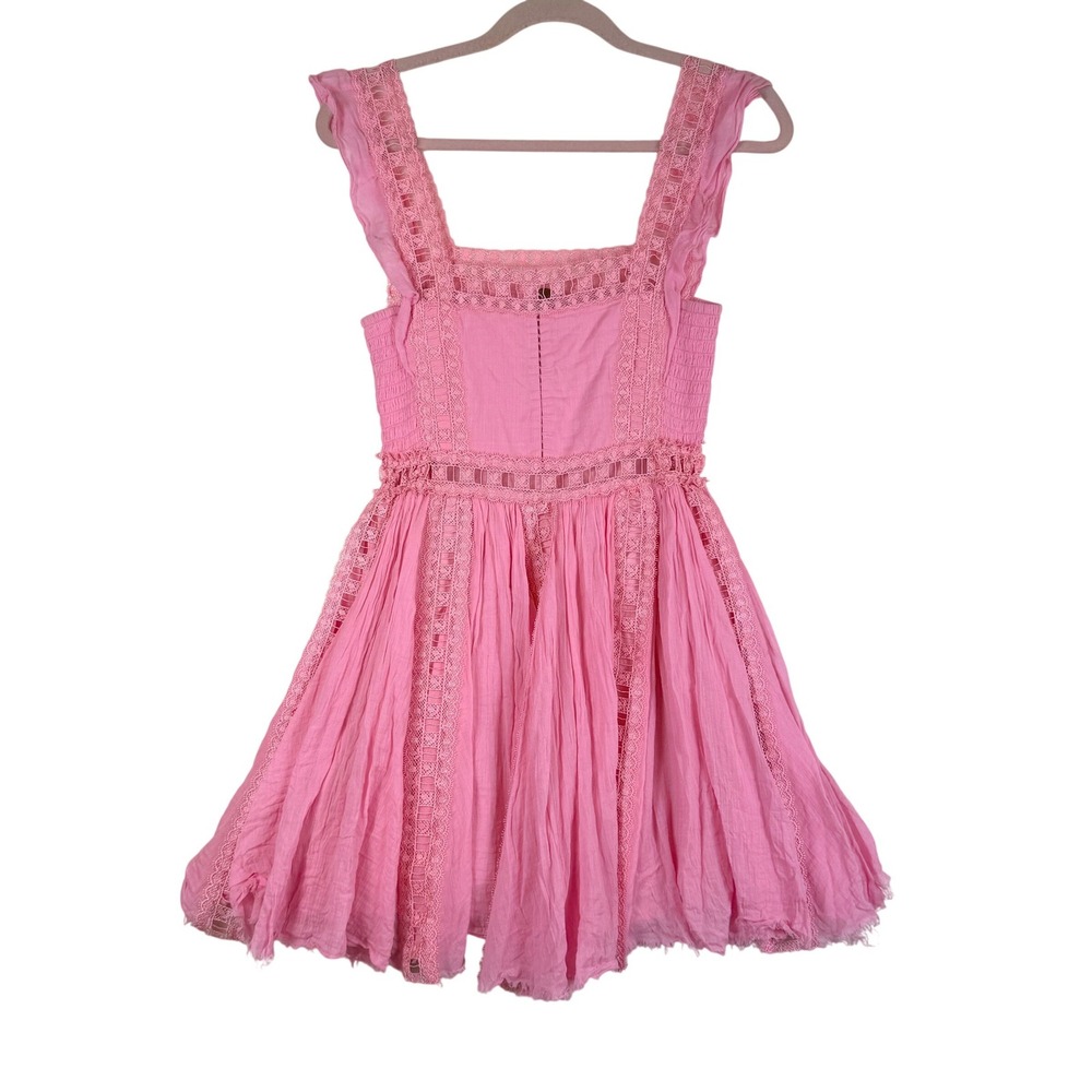 Free People Verona Mini Dress Pink Crochet Lace Boho Ruffle XS Coquette Barbie